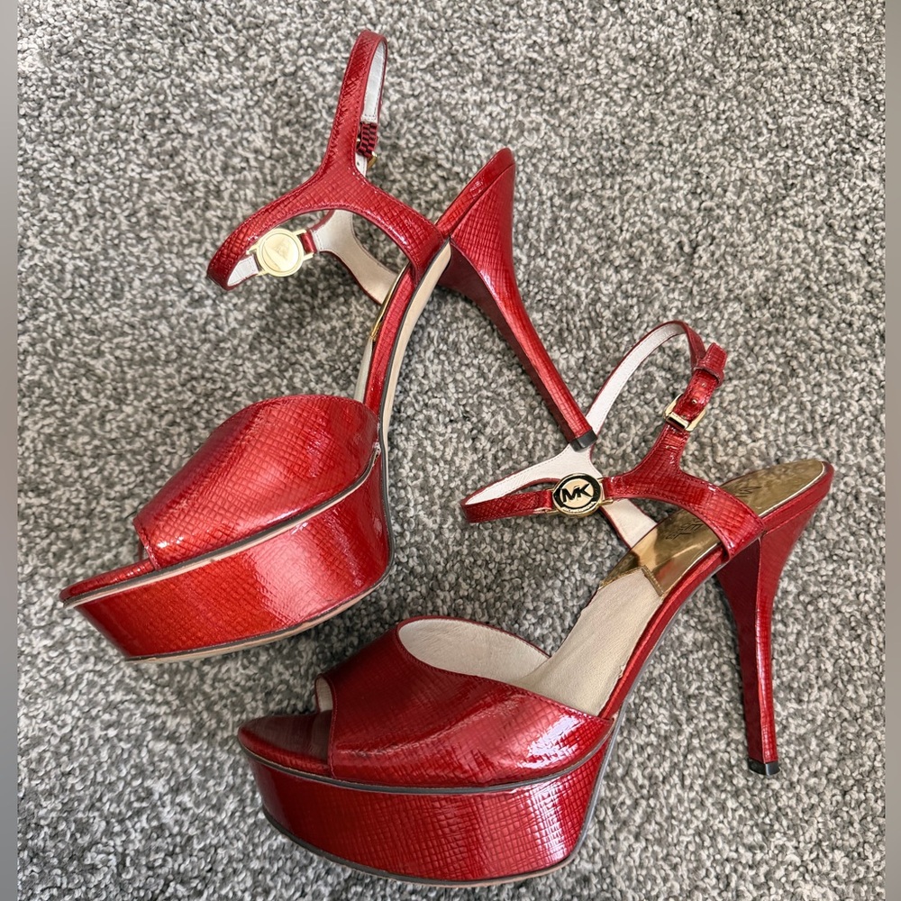 Michael Kors Red Platform Heels | Patent Leather Ankle Strap Sandals | Size 8.5
